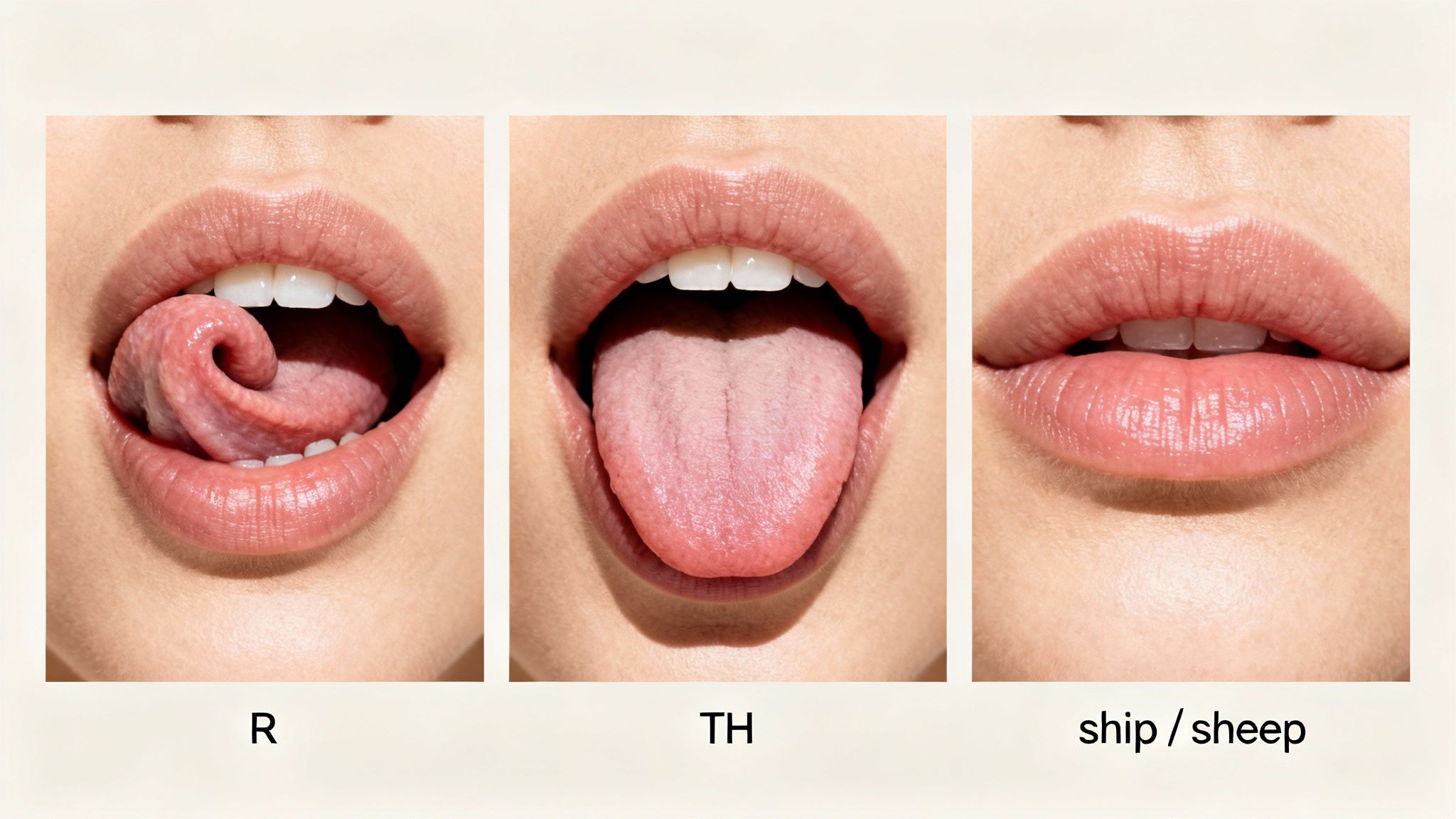 Close-up of mouths demonstrating tongue positions for R, TH, and vowel sounds in American English.