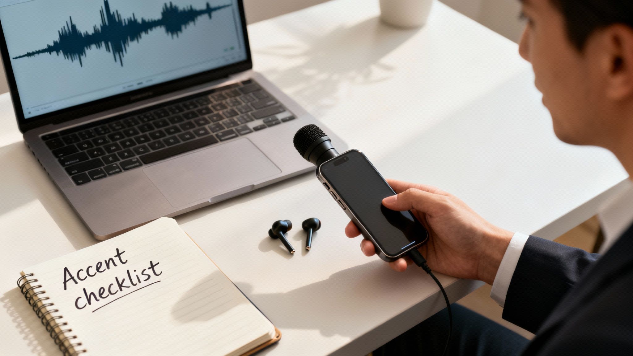 A person records audio on a smartphone with a microphone, while a laptop displays a waveform and a notebook says "Accent checklist".