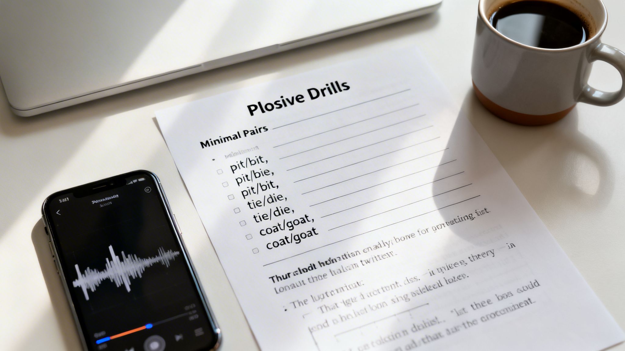 Desk setup with 'Plosive Drills' worksheet, smartphone with sound wave, laptop, and coffee.