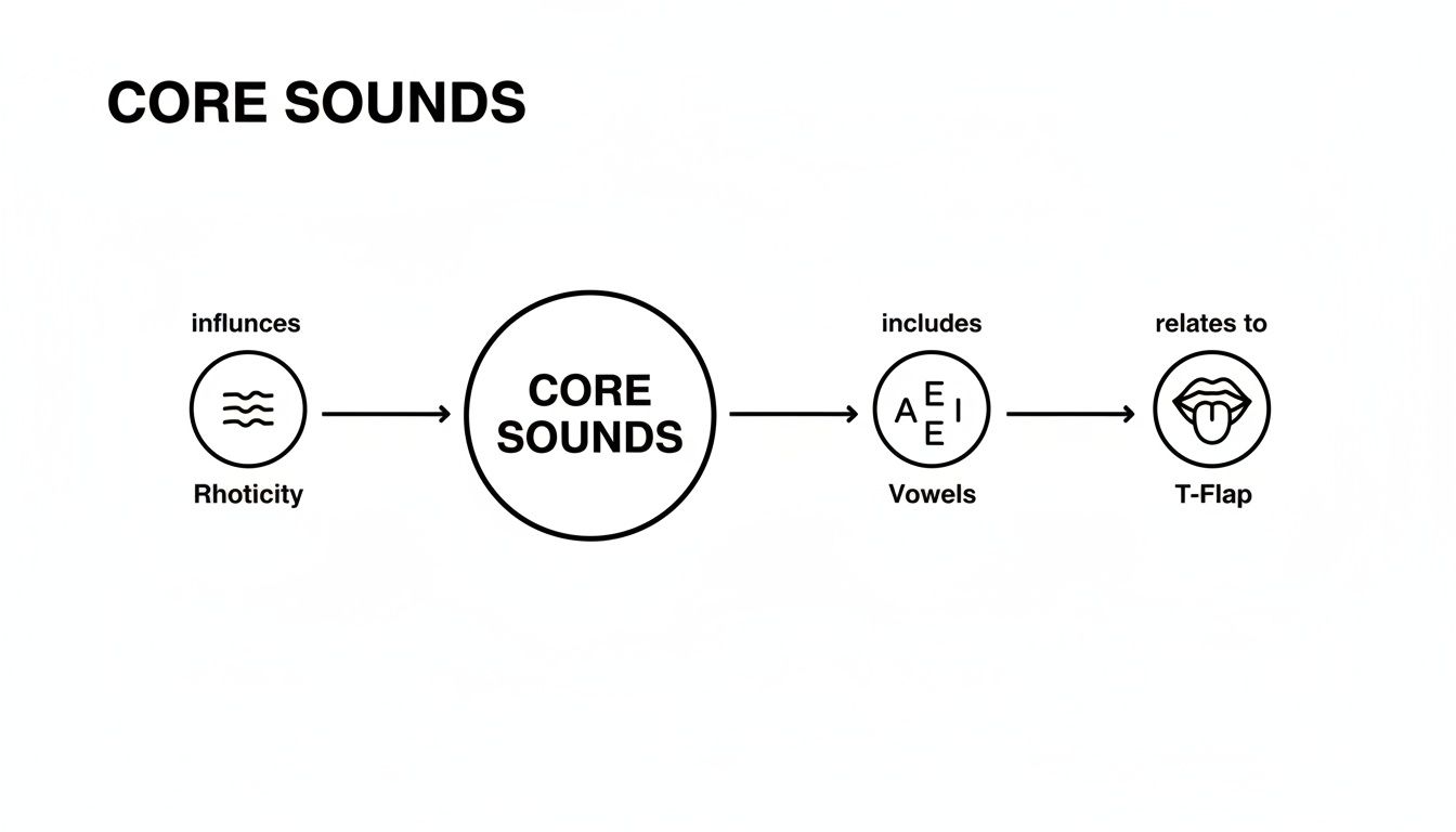 Flowchart showing Core Sounds influenced by Rhoticity, includes Vowels (A, E, I), and relates to T-Flap.
