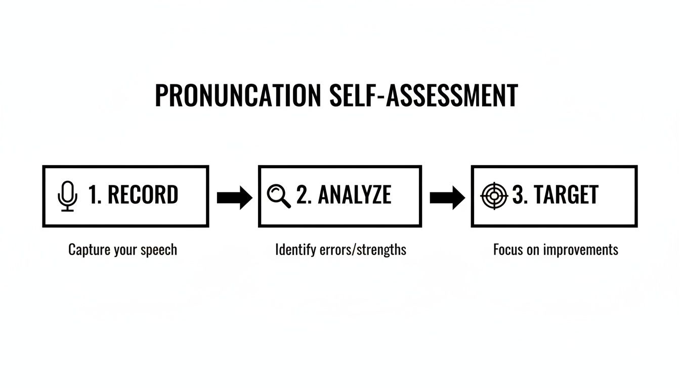 Flowchart outlining a 3-step pronunciation self-assessment: record, analyze, and target improvements.