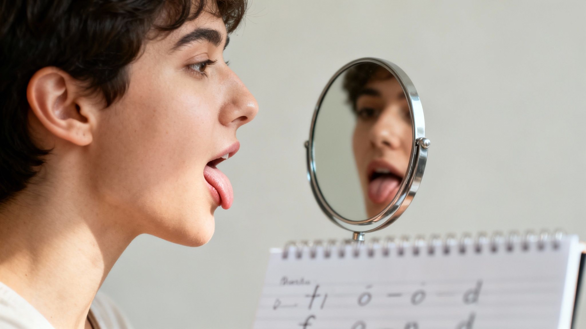 A young person practices speech exercises, sticking out their tongue while looking in a mirror.
