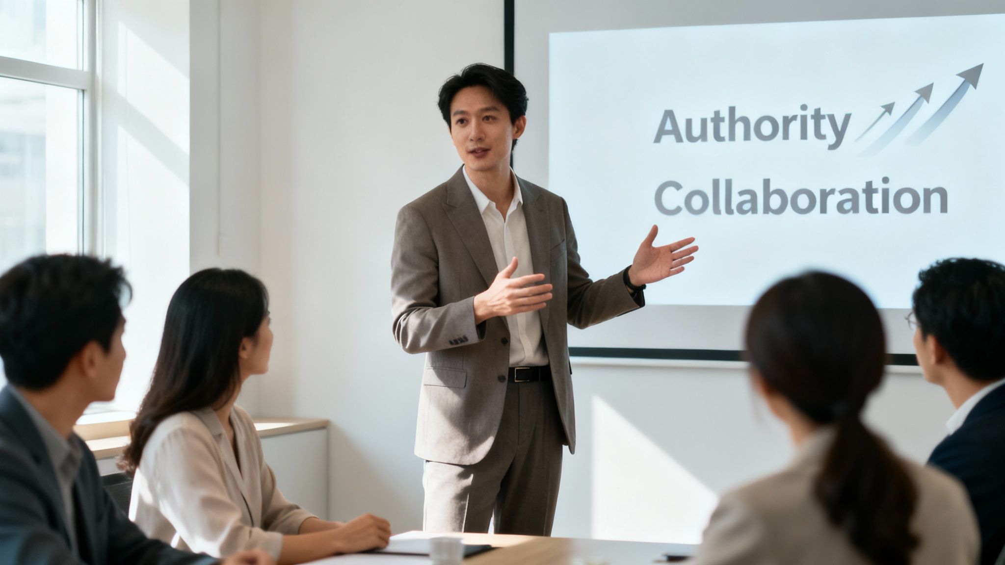 Asian businessman presents on "Authority Collaboration" to a diverse team in a modern conference room.