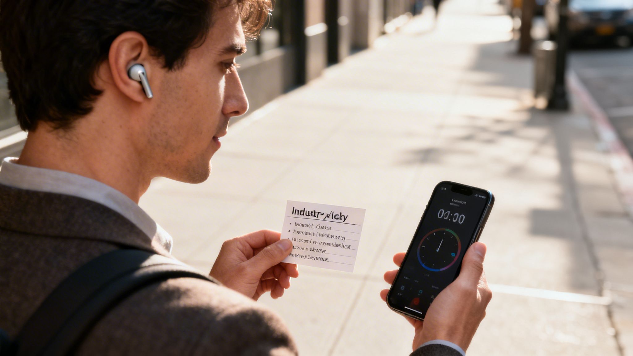 A man walking outdoors wears an earbud, holding a study card and a smartphone with a timer.