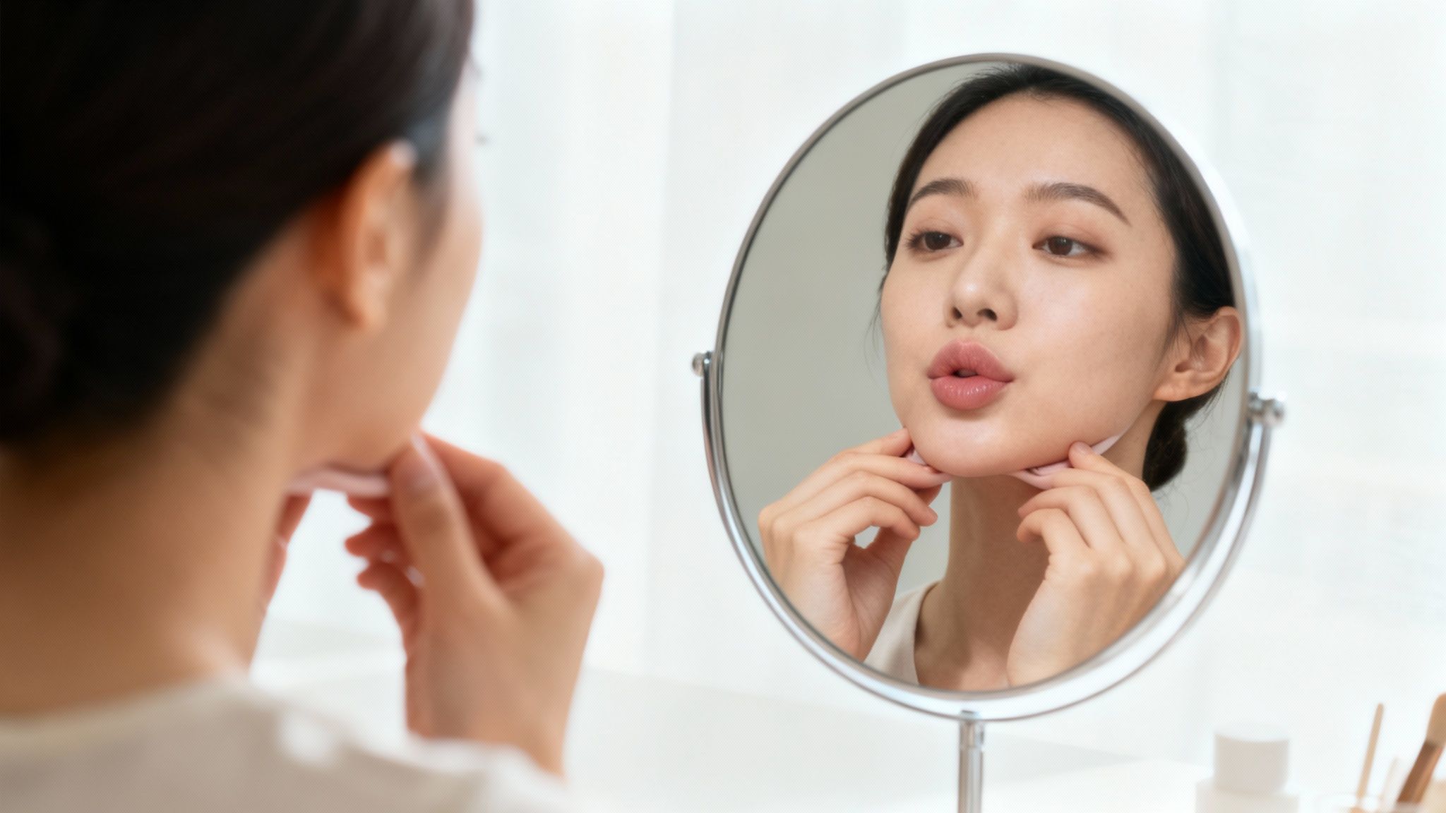 Young woman doing facial exercise or massage, looking intently at her reflection in a mirror.