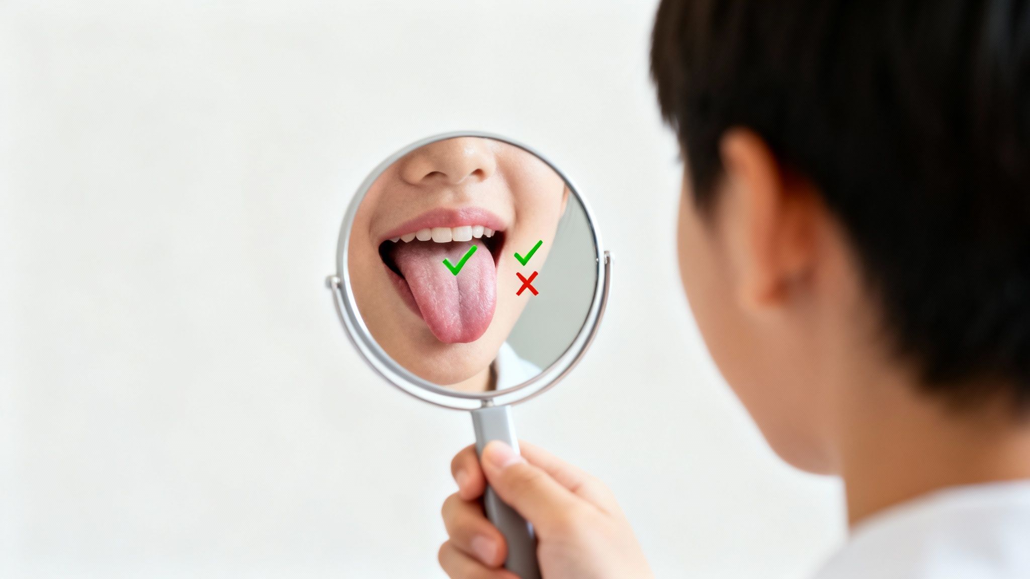 A person practices tongue positioning in a mirror for correct pronunciation, with visual guides.