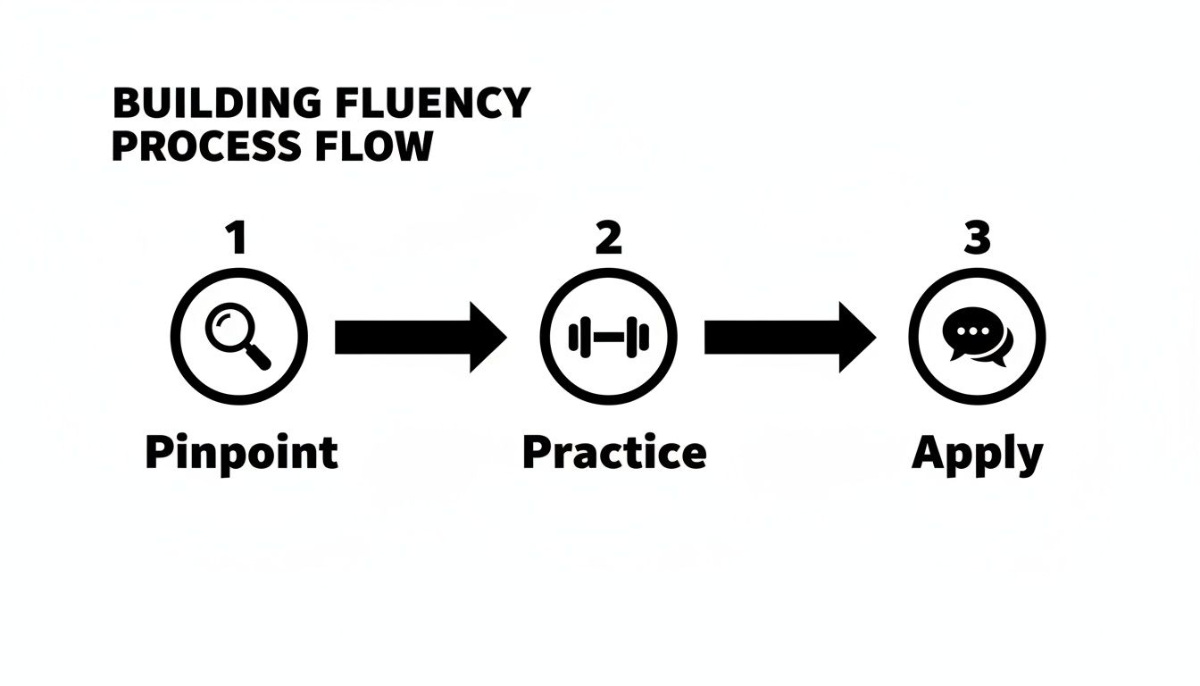 A three-step process flow for building fluency: Pinpoint, Practice, and Apply, with descriptive icons.