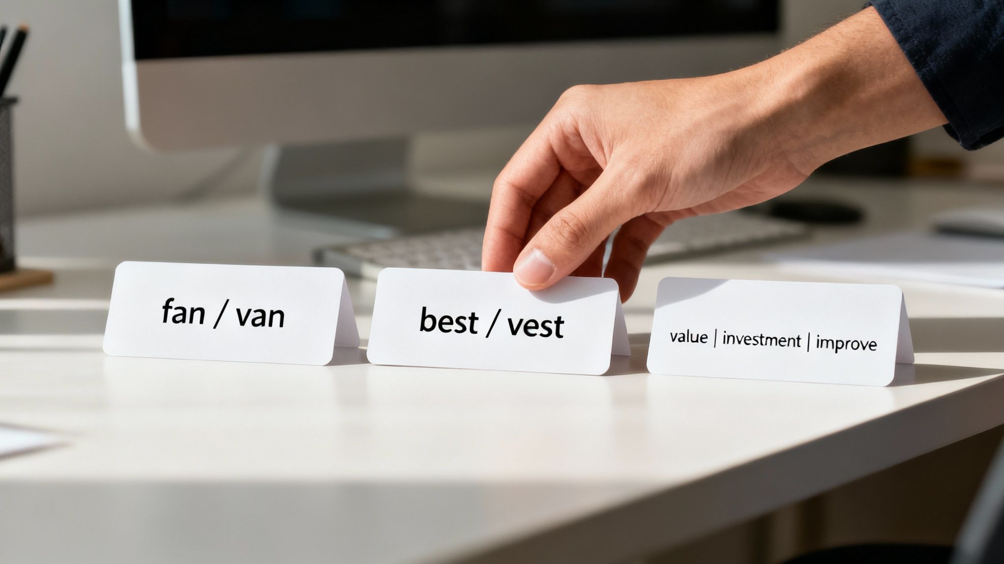 A hand picks up a card displaying 'best / vest' next to other language practice cards.