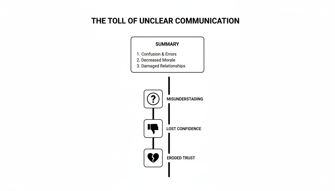 A diagram illustrating the negative consequences of unclear communication: misunderstanding, lost confidence, and eroded trust.