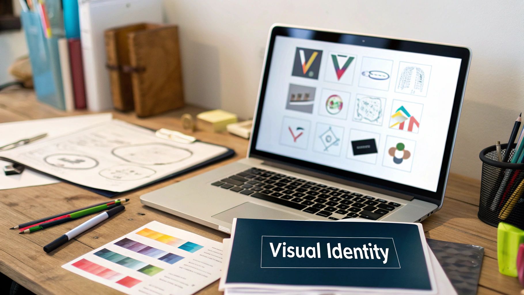 A collage of images showcasing elements of a visual identity system, including a logo, color swatches, and font examples.