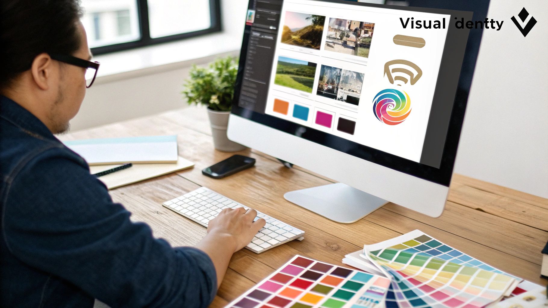 A designer comparing different color swatches and font styles on a digital tablet.
