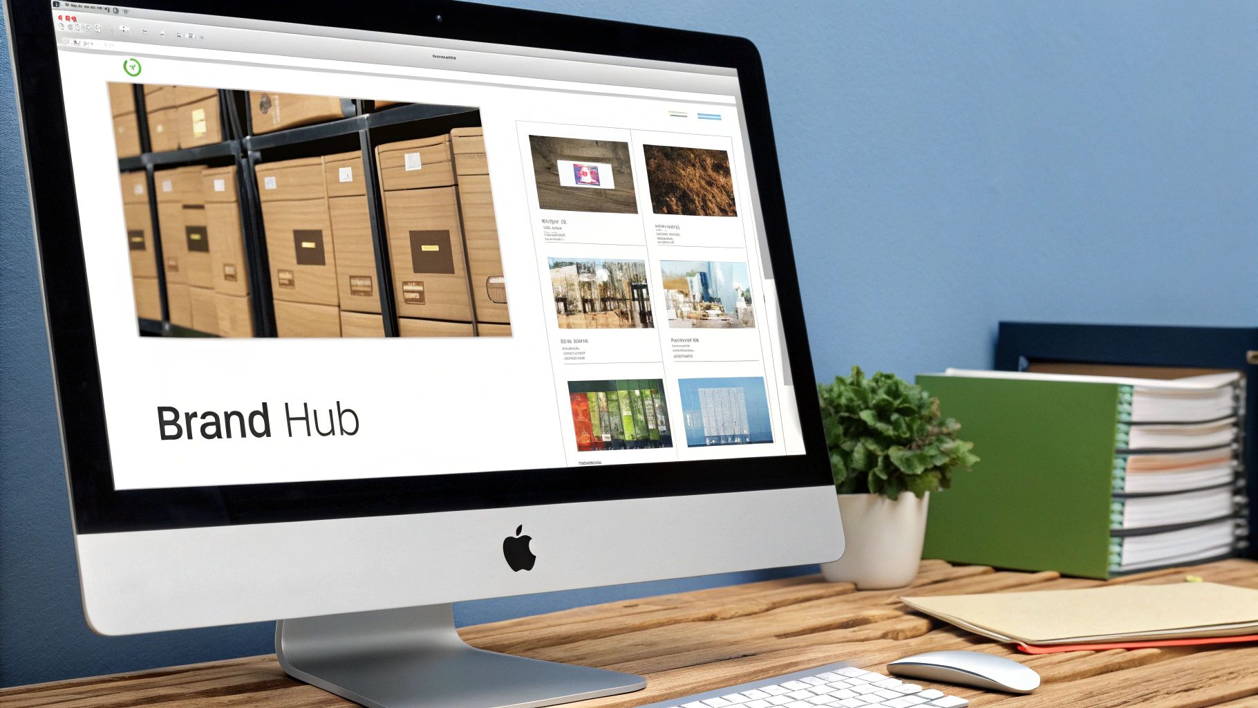 A team collaborating around a digital dashboard displaying brand assets and guidelines.
