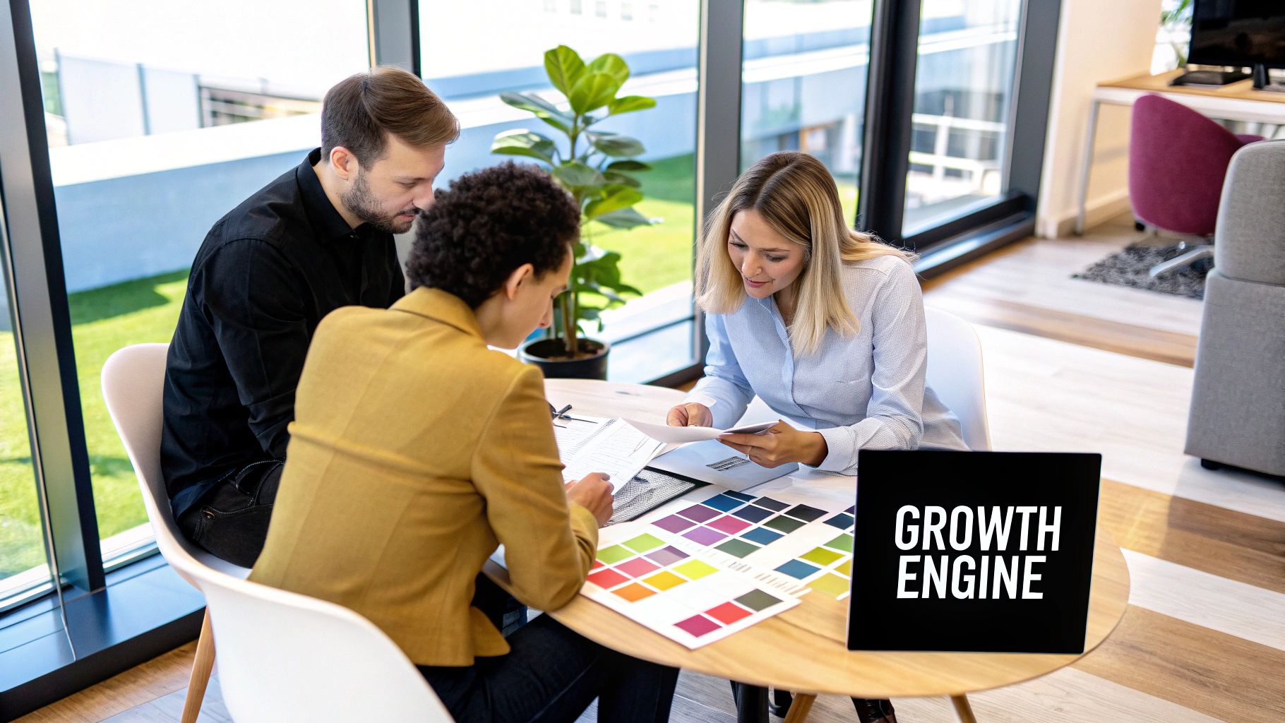 A designer carefully reviewing brand guideline documents spread across a desk.