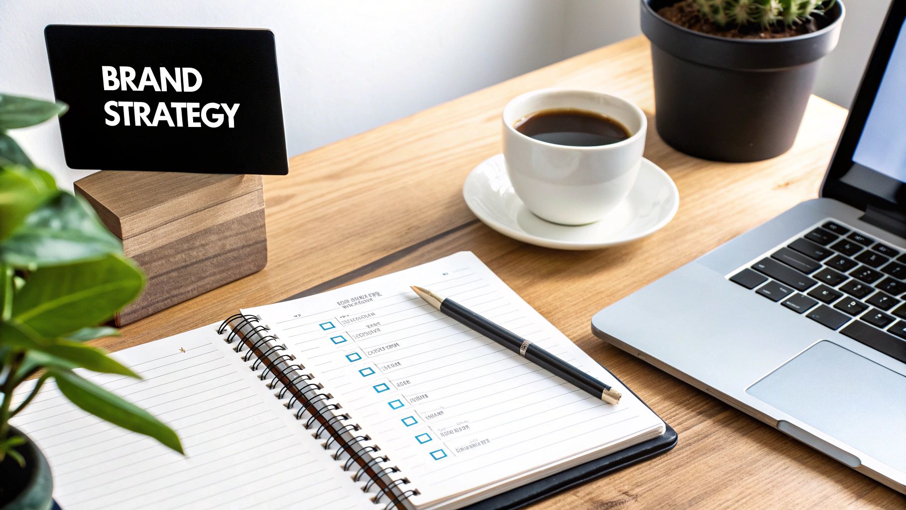 A team collaborating around a table with sticky notes, defining brand strategy.