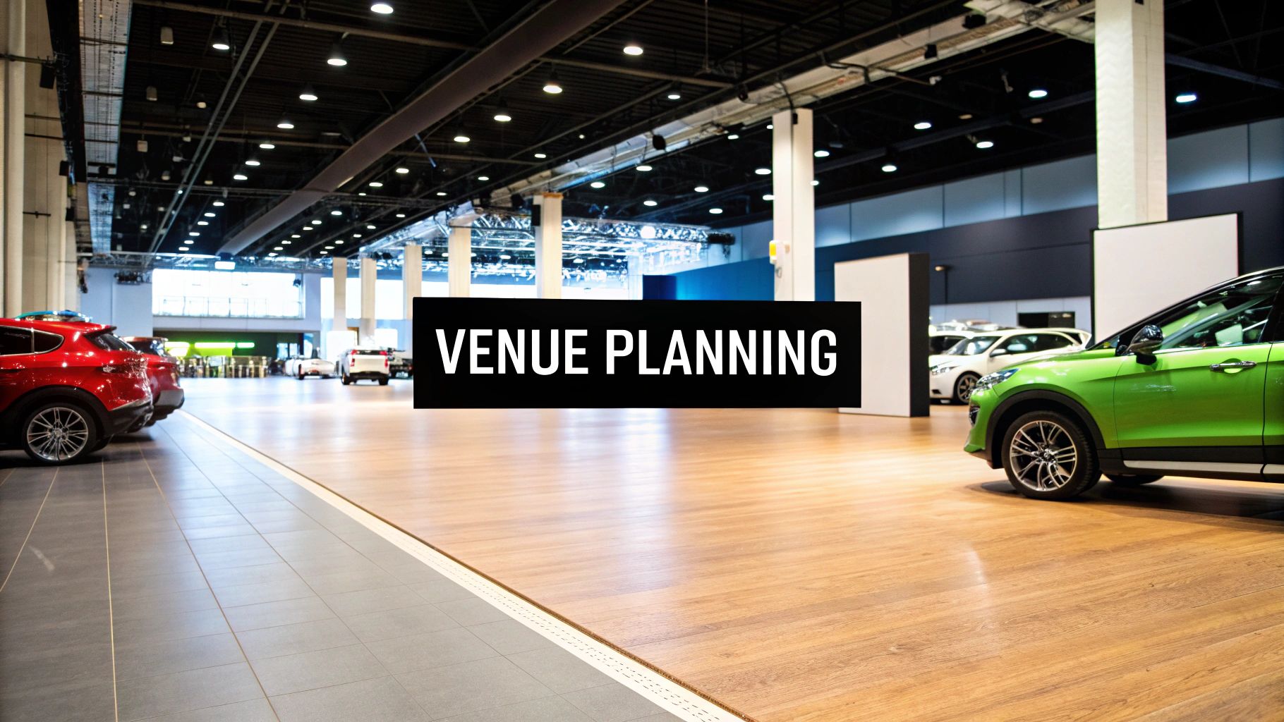 A modern car dealership event with vehicles on display and attendees mingling.