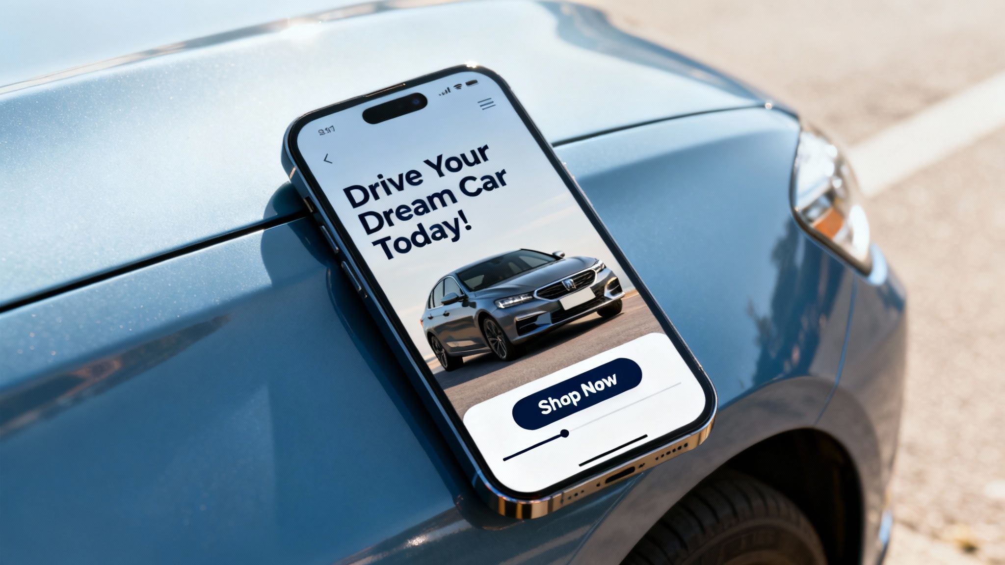 A close-up shot of a smartphone screen showing a visually appealing used car ad with vibrant colors and clear text.