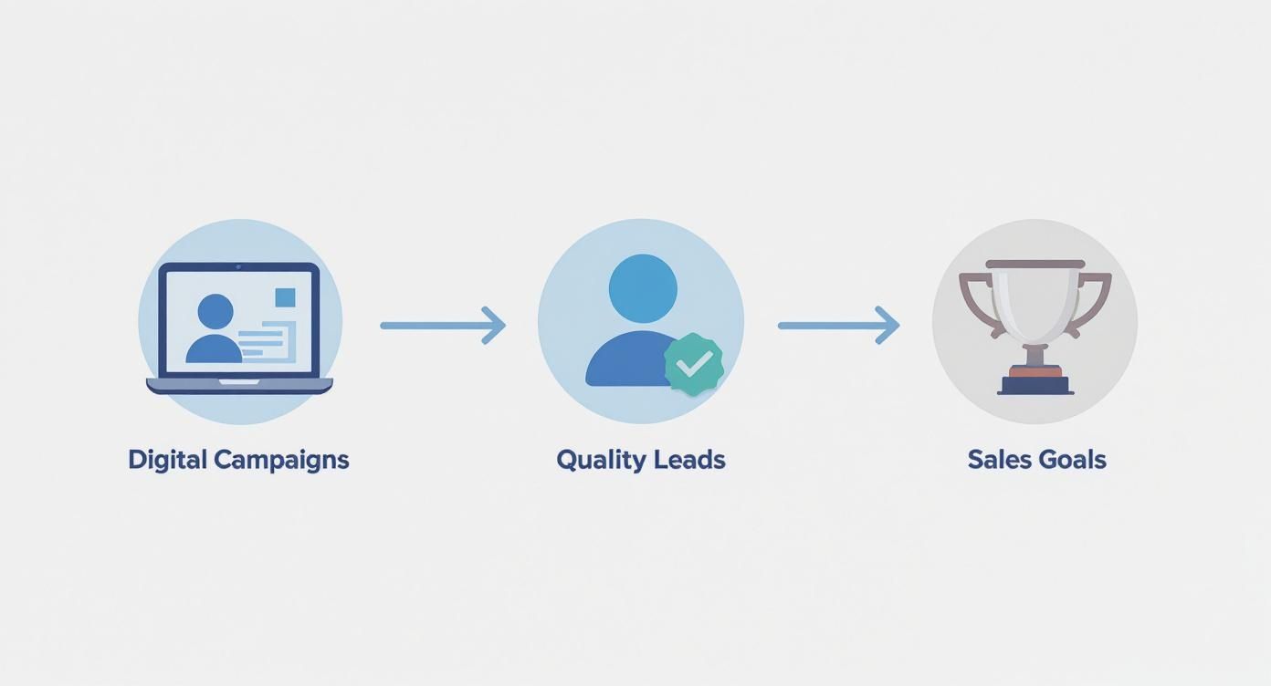 Infographic showing the process flow of modern lead generation, from digital campaigns to quality leads to sales goals.