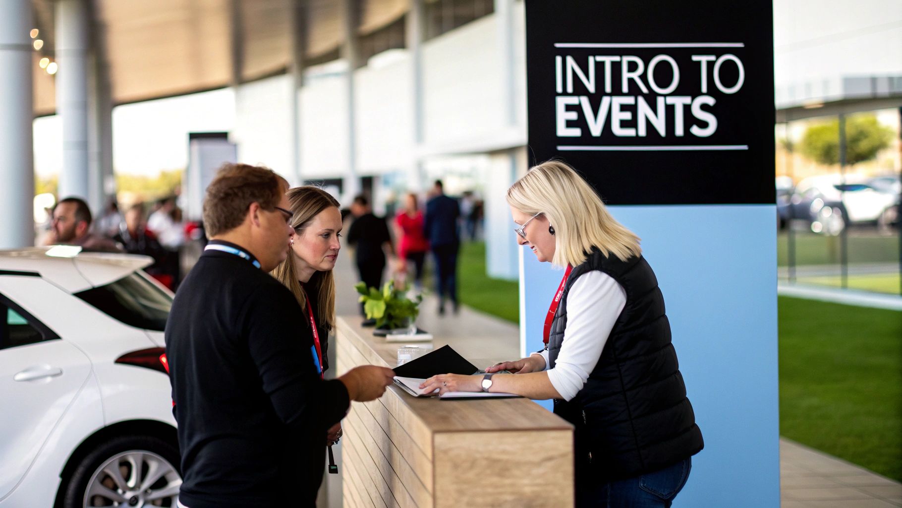 A modern car dealership event with vehicles on display and attendees mingling.