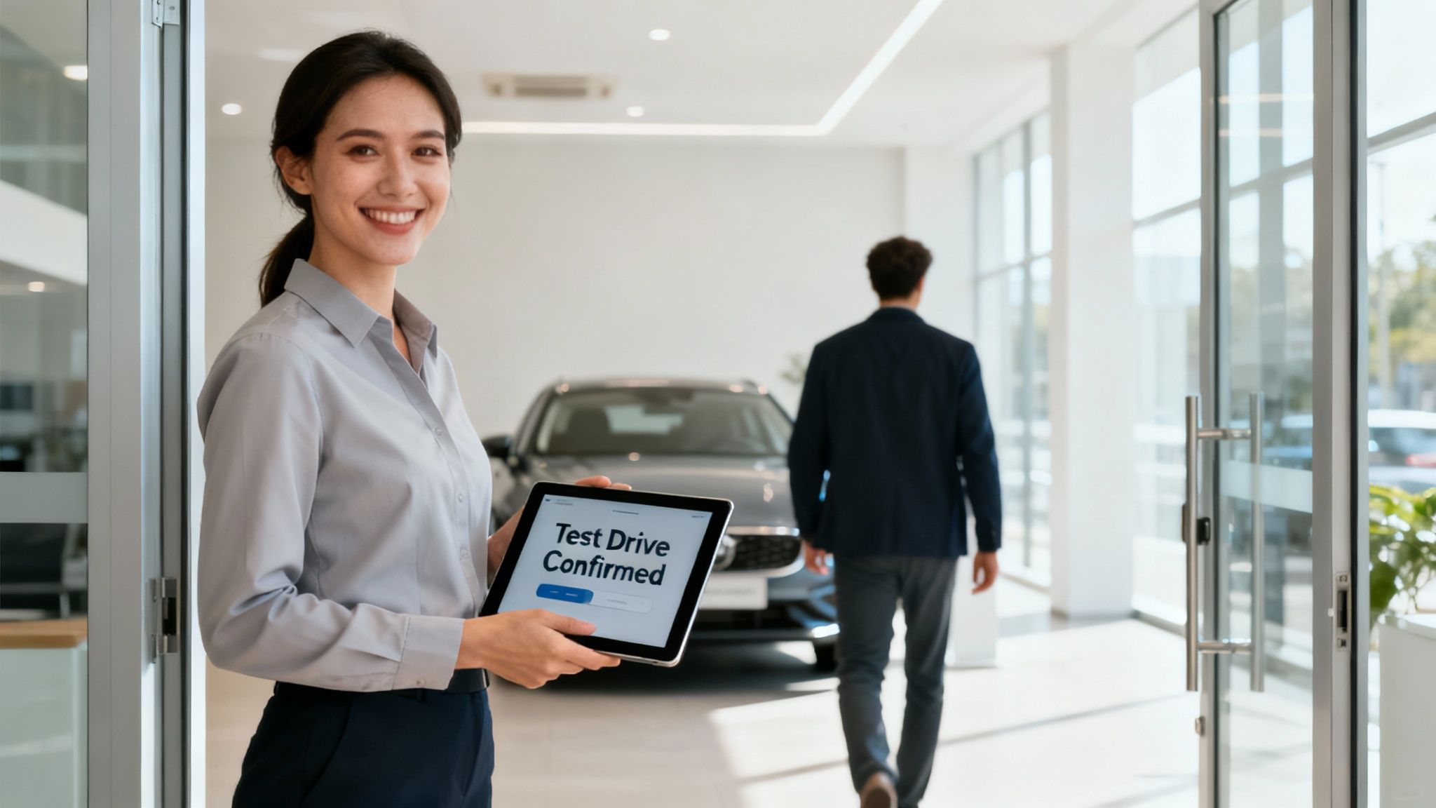 A car dealership sales professional shaking hands with a customer next to a new car on the showroom floor.