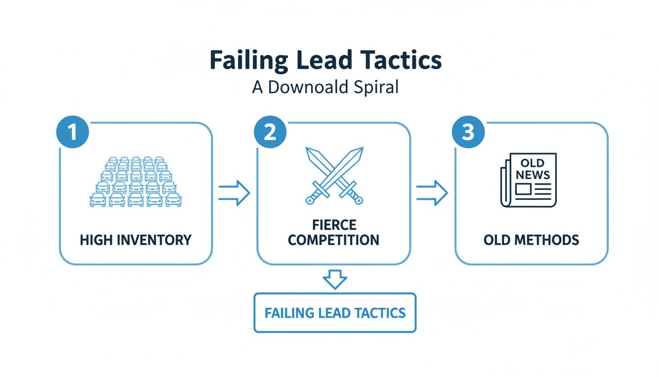Flowchart depicting how high inventory, fierce competition, and old methods result in failing lead tactics. We show you how to get more leads for car dealerships