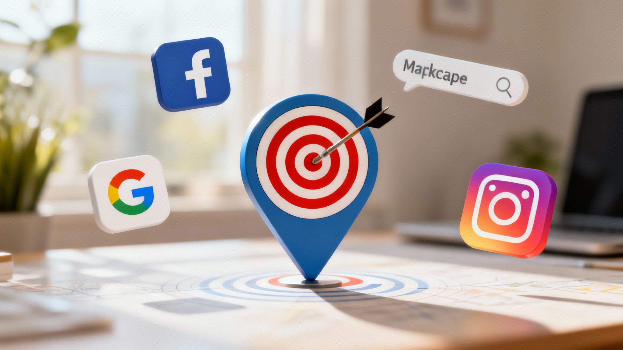 A smartphone screen showing an advertisement for a used car on a social media feed, held by a person in a modern living room setting.