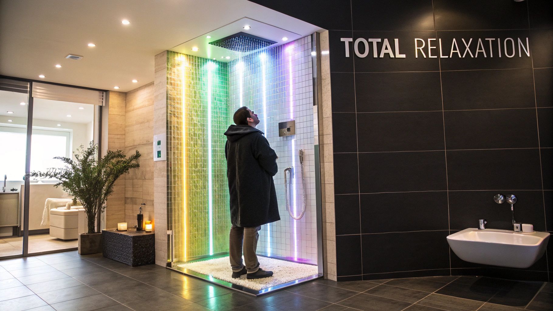 A detailed view of a chromotherapy shower head with water and light emerging.