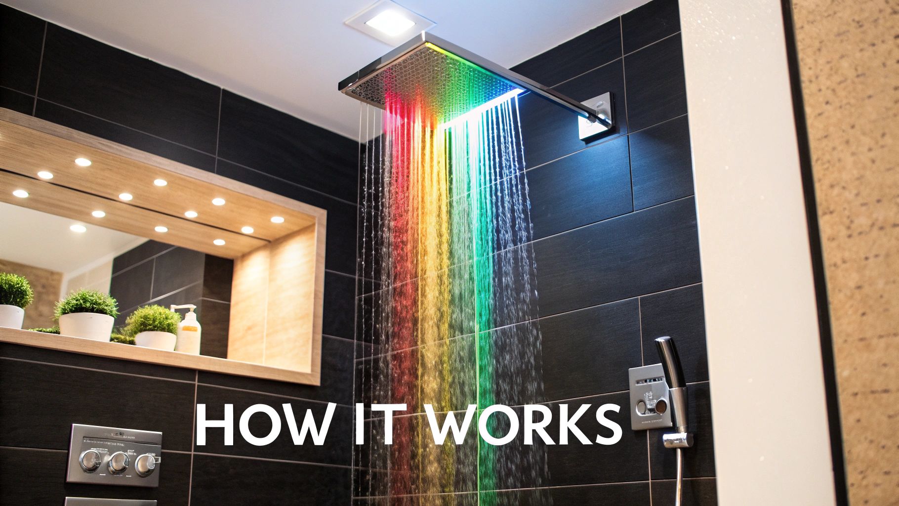 A chromotherapy shower head with multi-colored lights shining down with the water flow in a modern bathroom.