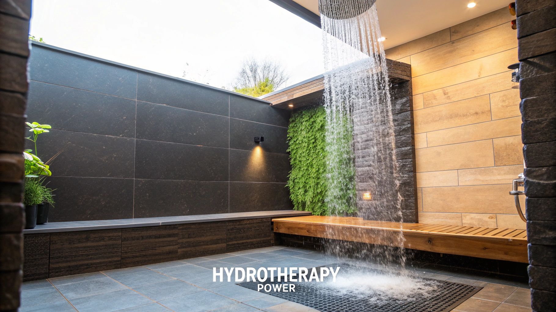 A luxurious LED rain shower head creating a spa-like ambiance in a modern bathroom.