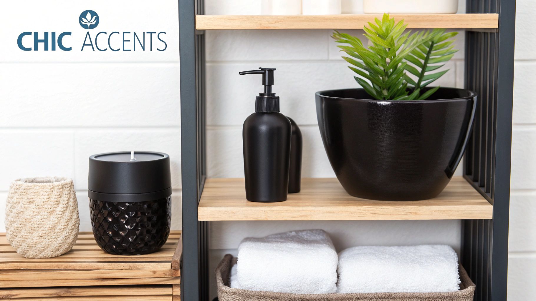 A stylish green and black bathroom featuring natural plants and metallic accents.