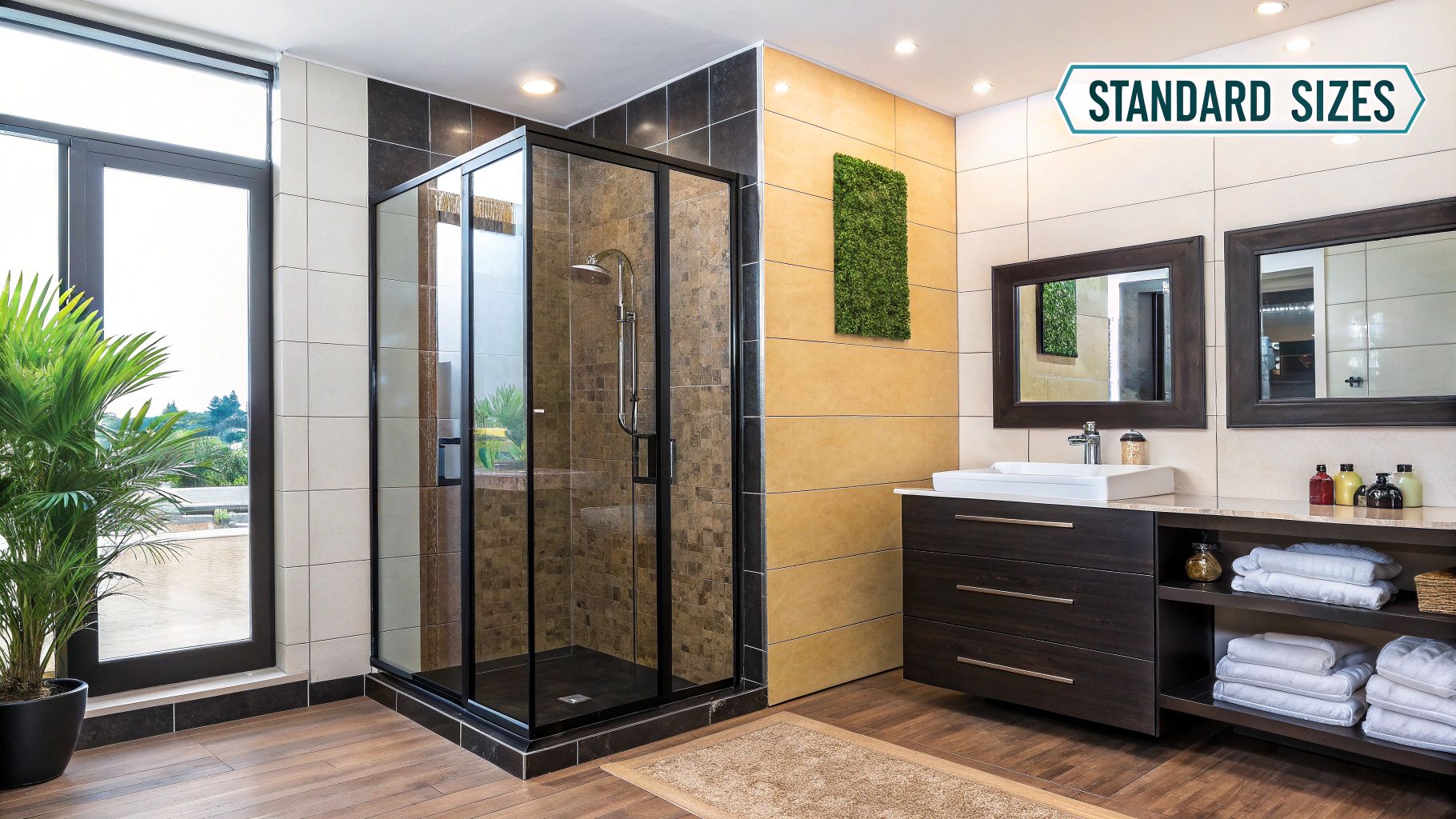 A sleek shower enclosure in a modern bathroom.