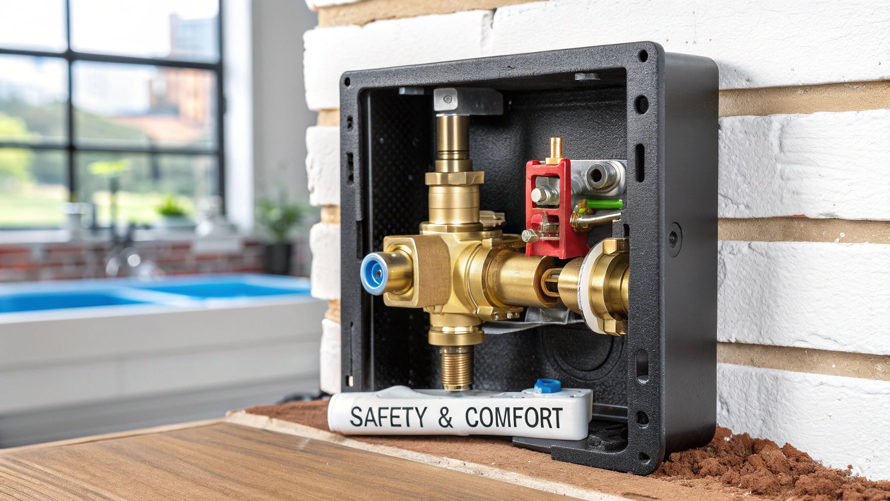 A detailed illustration showing the internal components of a shower valve, highlighting how it mixes hot and cold water.