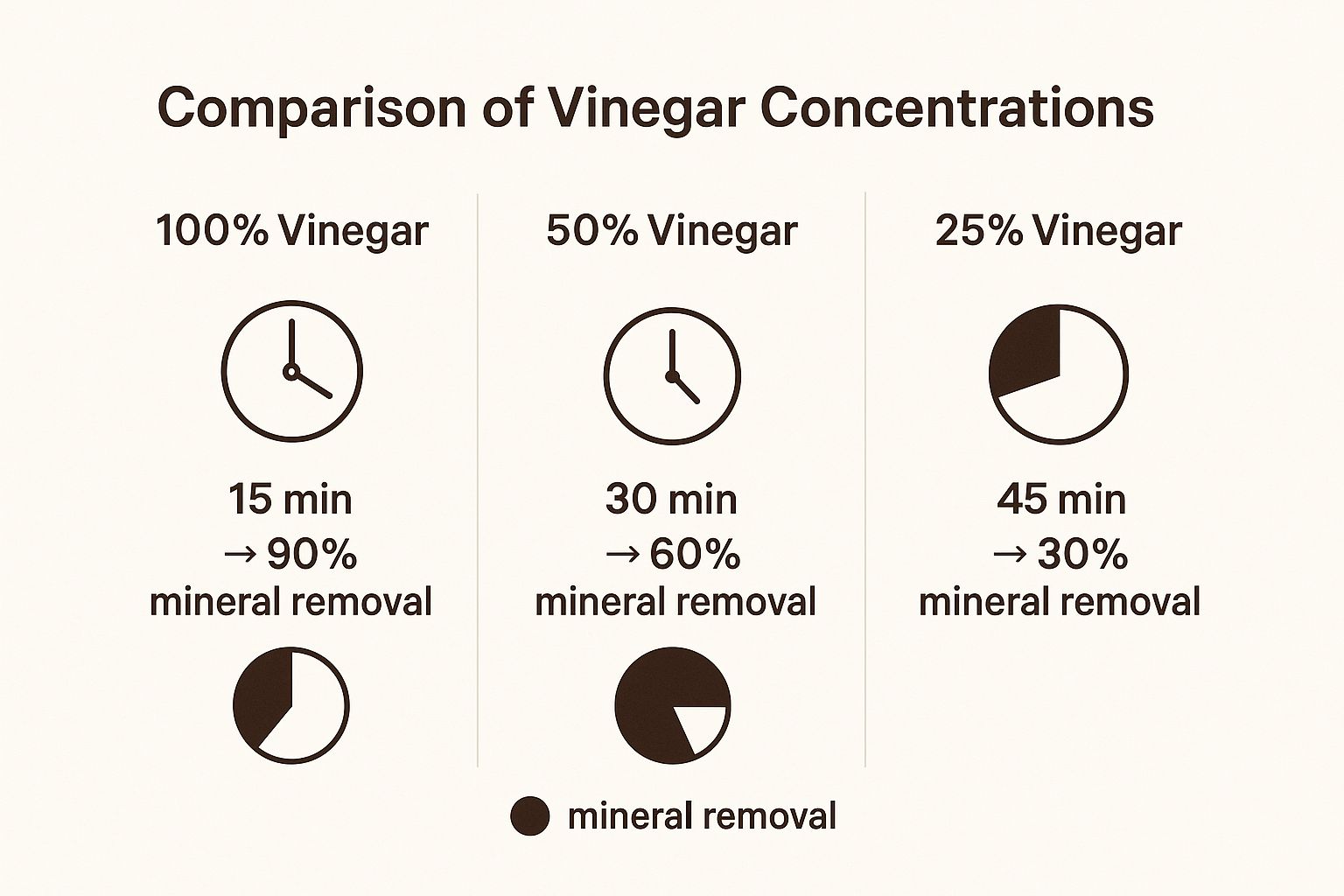 Infographic comparing the mineral removal effectiveness of different vinegar concentrations over time.
