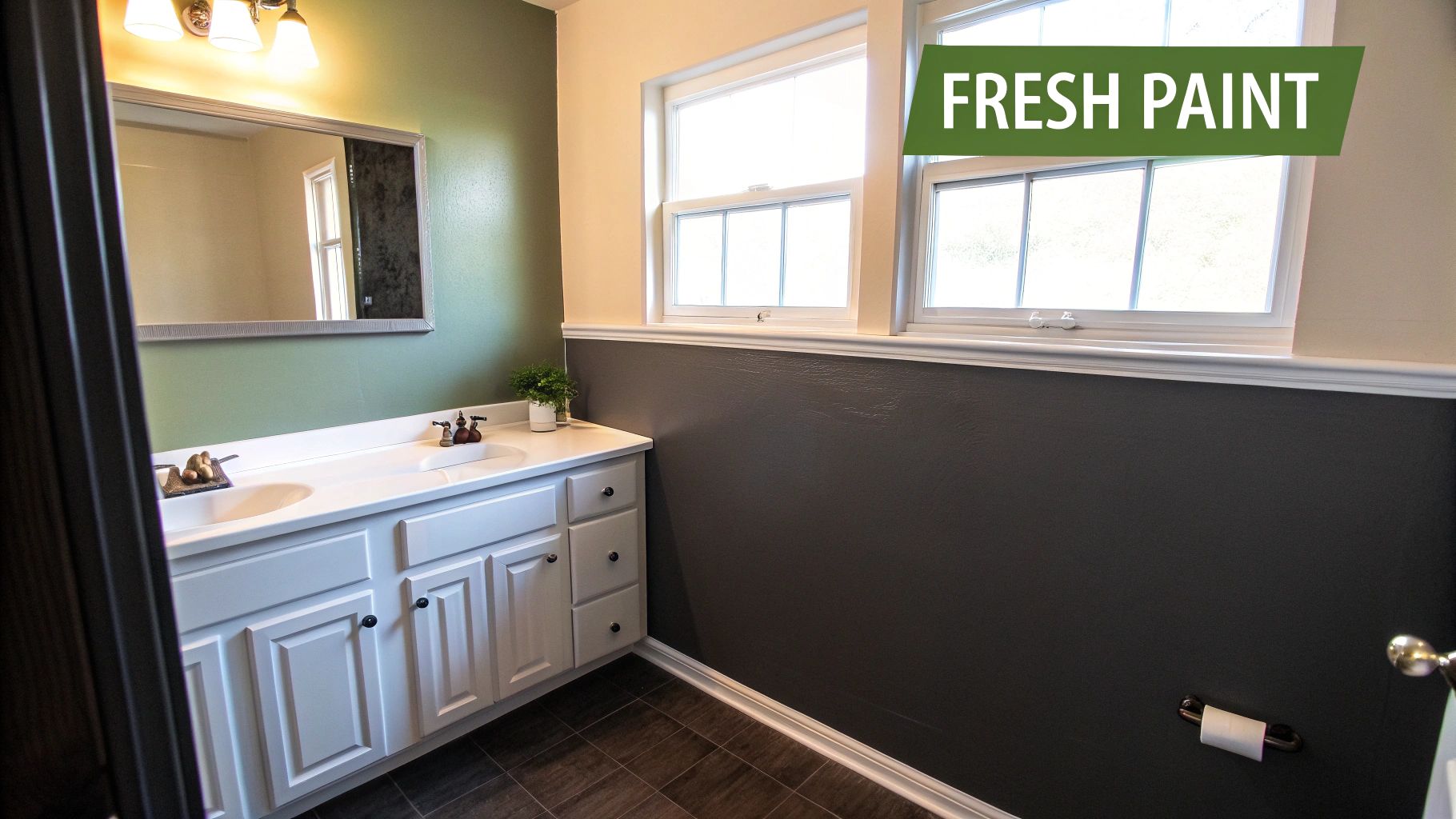 A freshly painted bathroom highlighting a modern, clean look with a dark accent wall behind the vanity.