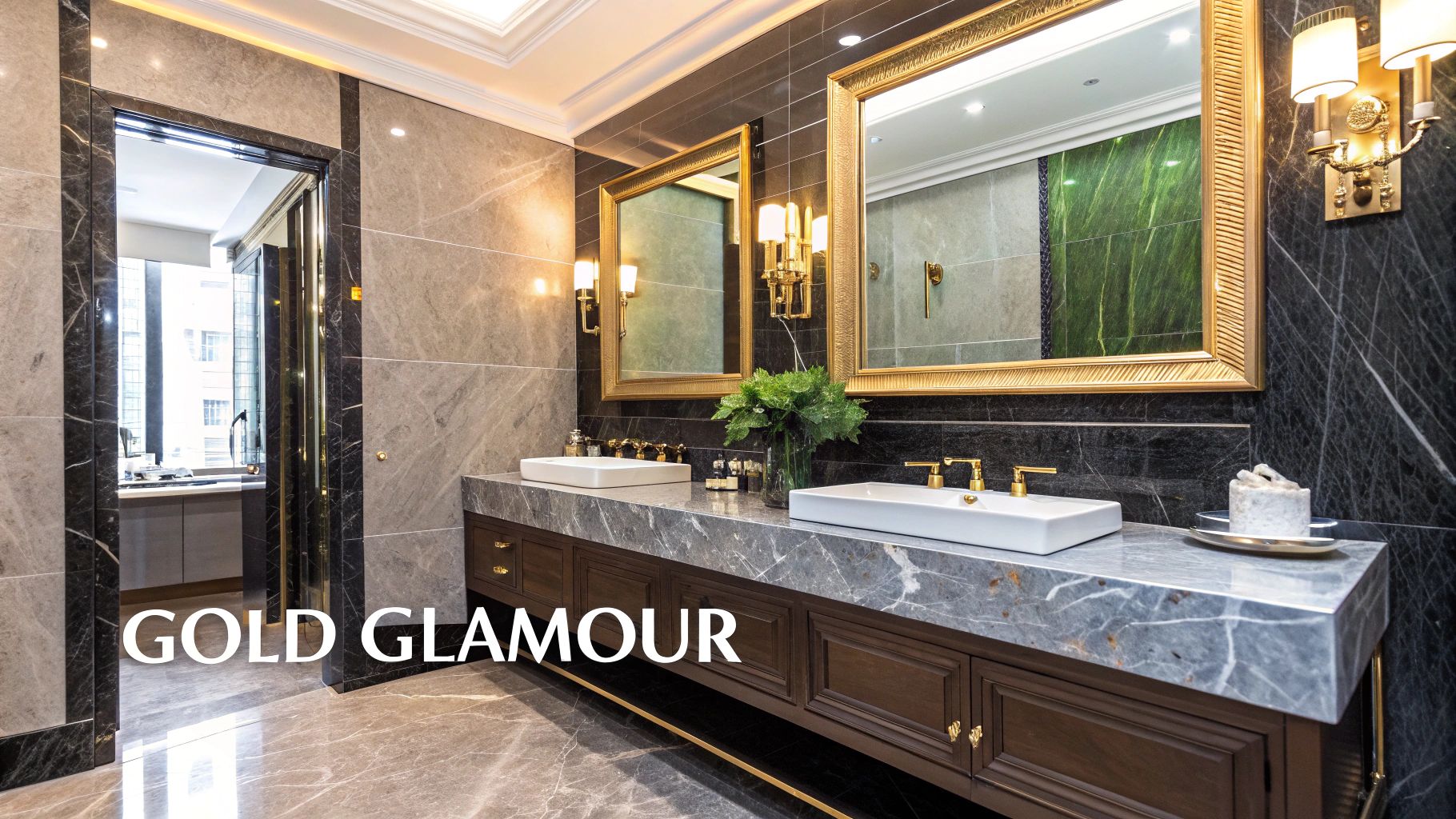 A glamorous bathroom featuring charcoal grey walls, a vanity with gold hardware, and elegant gold-framed mirrors, creating a luxurious atmosphere.