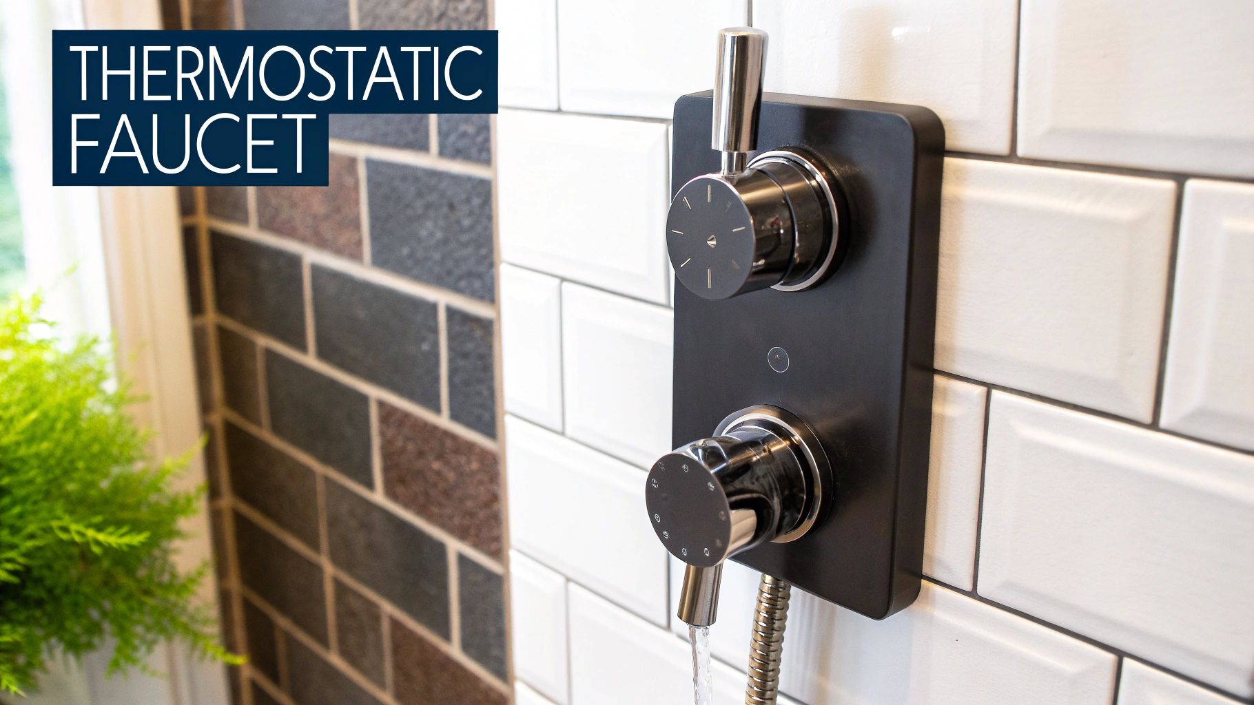 An elegant shower system with a modern valve control panel on a tiled wall.