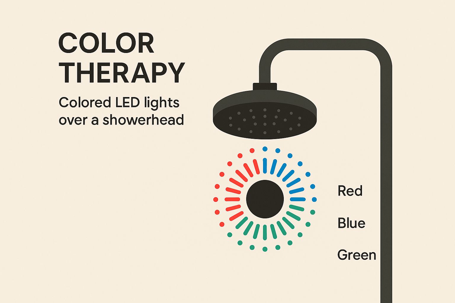 A diagram showing the spectrum of colors from a chromotherapy shower head and their effects.
