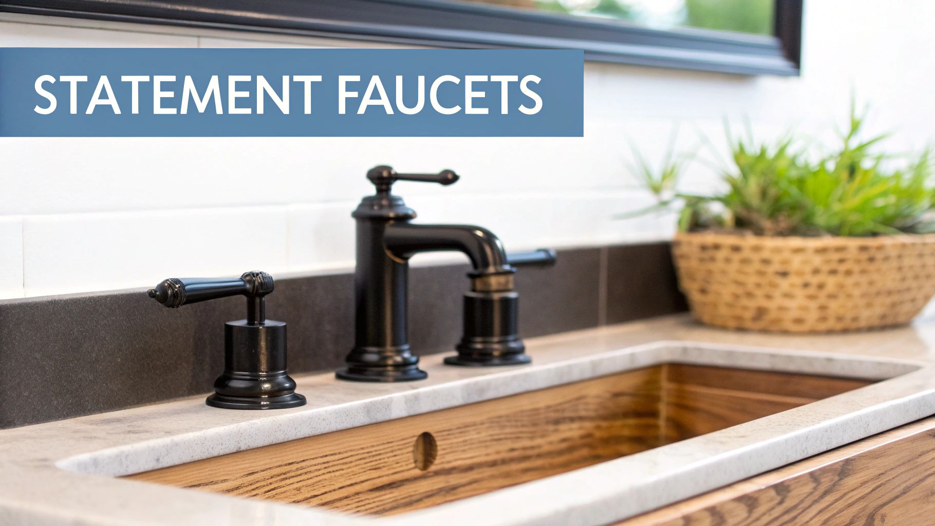 A modern bathroom vanity featuring a sleek, minimalist faucet.