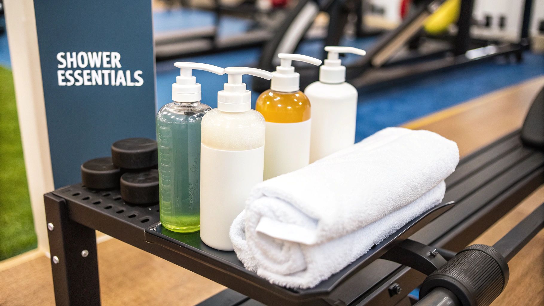 A gym bag with shower essentials packed and ready