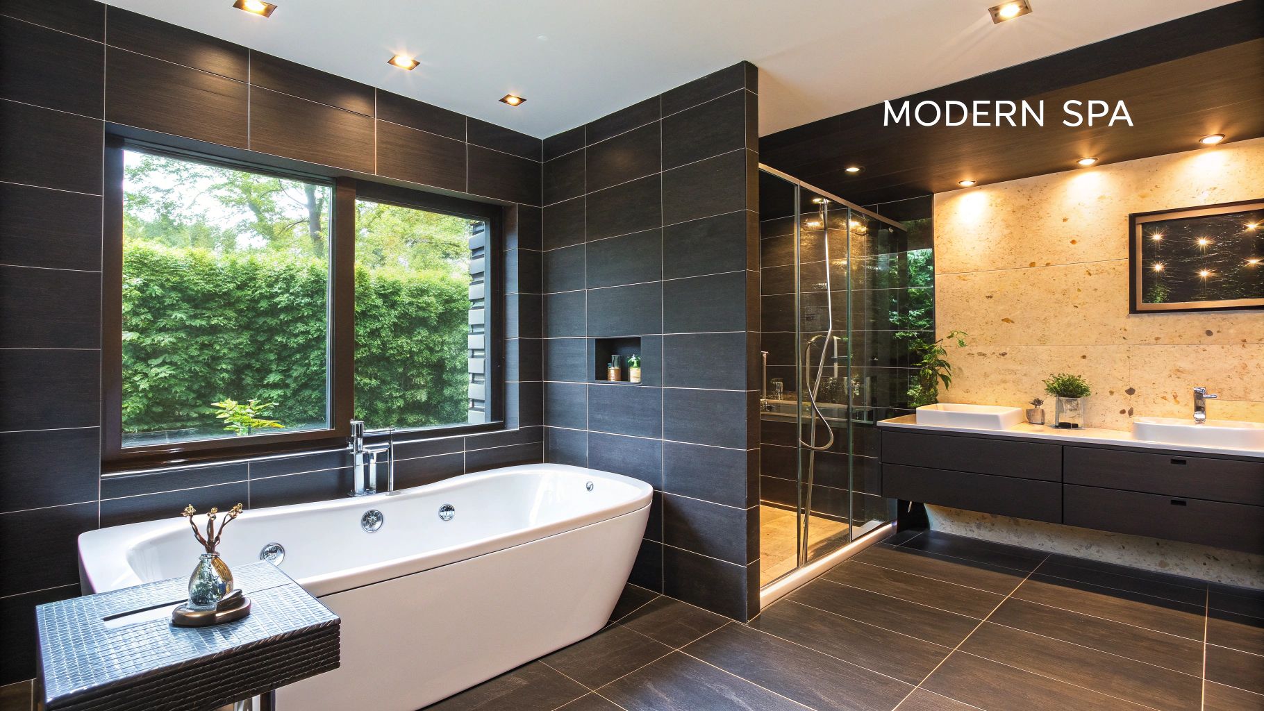 A modern bathroom with charcoal grey walls, a sleek white vessel sink, and elegant brass fixtures.