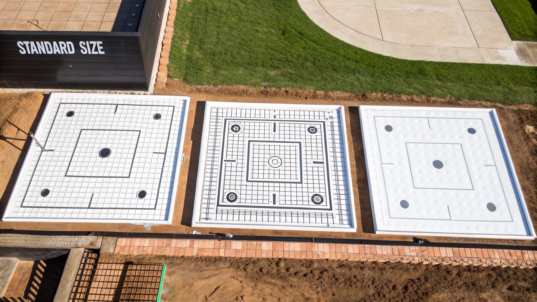 An overhead view of a bathroom layout, showing clearances for a shower door, toilet, and vanity.