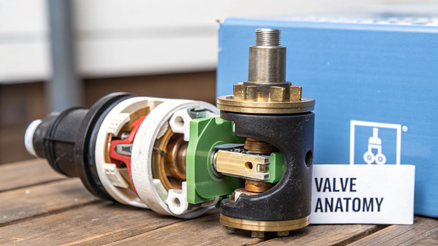 A diagram showing the internal components of a shower valve, including the valve body, cartridge, and pressure-balancing spool.