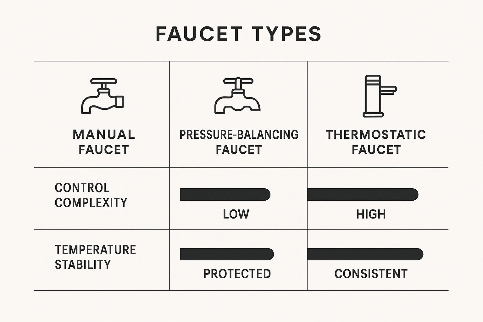 Infographic comparing control complexity and temperature stability of manual, pressure-balancing, and thermostatic shower faucets.