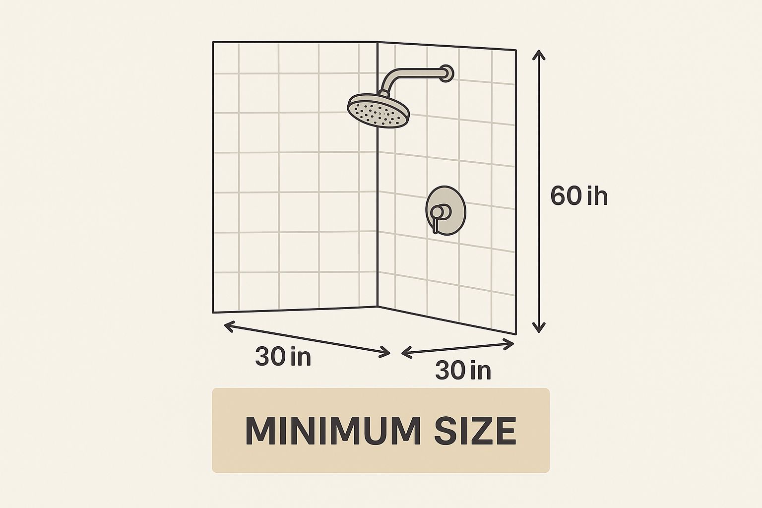 A simple diagram illustrating minimum shower dimensions for comfort and building code compliance.