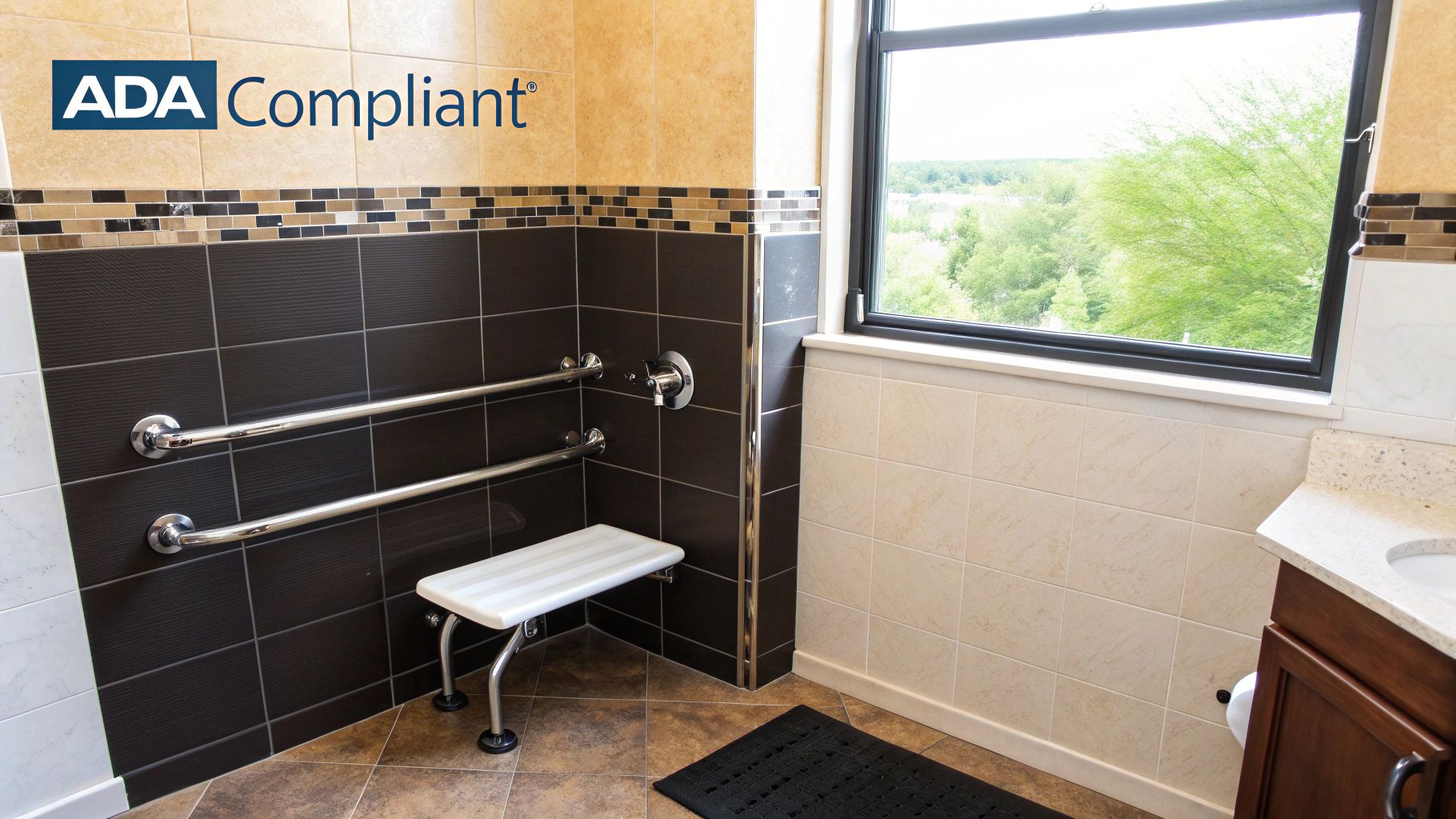 An ADA-compliant shower with grab bars and a seat.