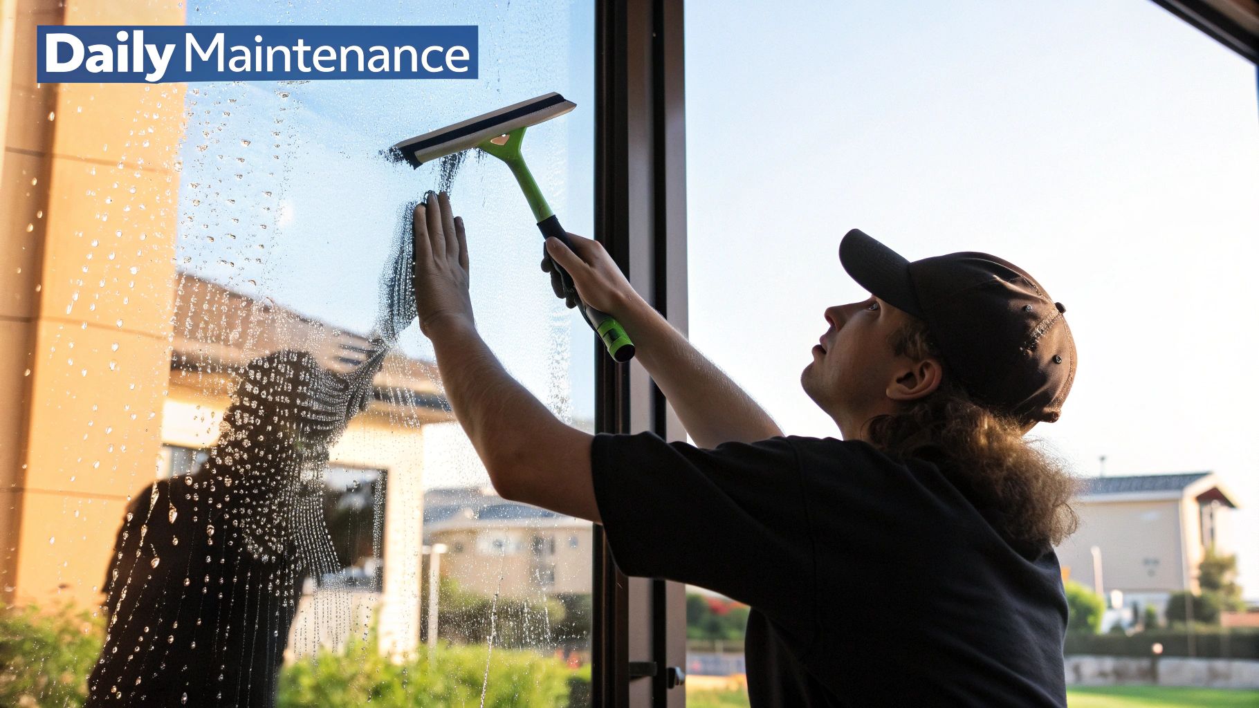 A person uses a squeegee to wipe down a clear glass shower door, demonstrating daily shower maintenance.
