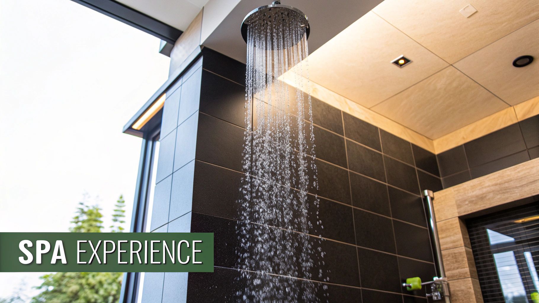 An overhead rain shower faucet creating a gentle, widespread flow of water in a modern tiled shower.