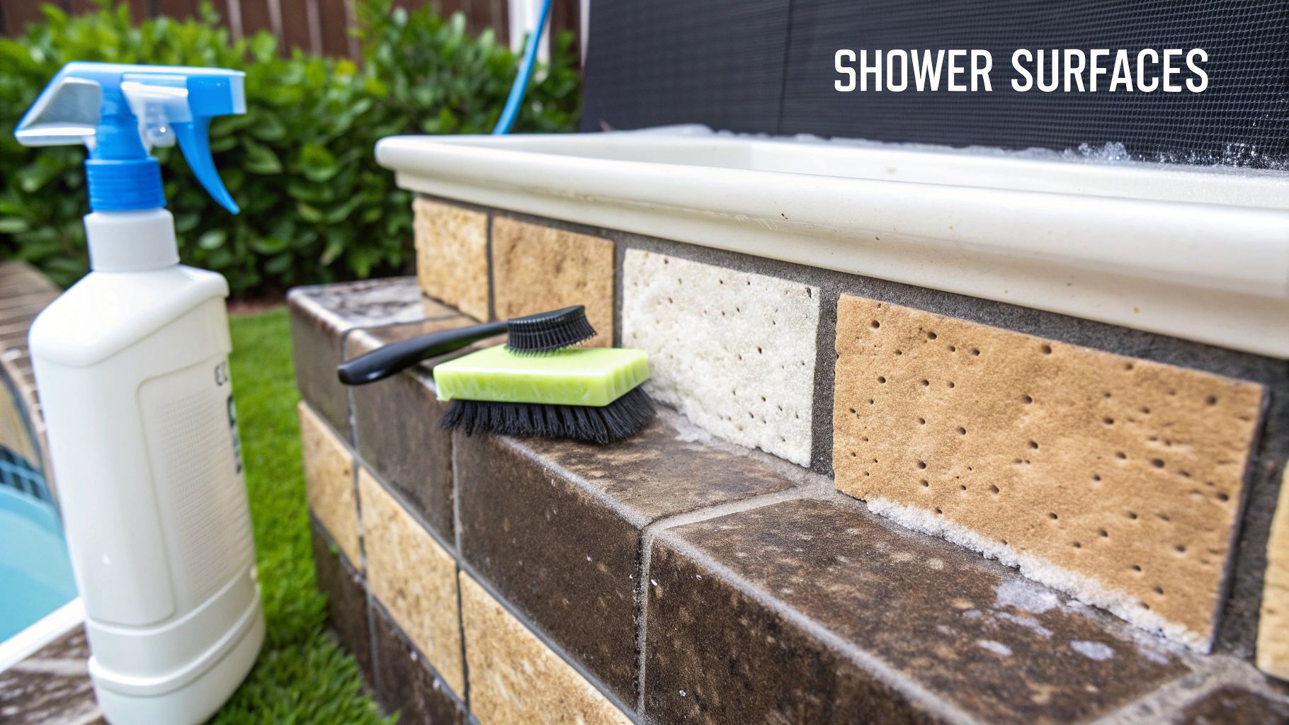 A hand wearing a yellow protective glove wipes down a modern, clean shower wall with a sponge.