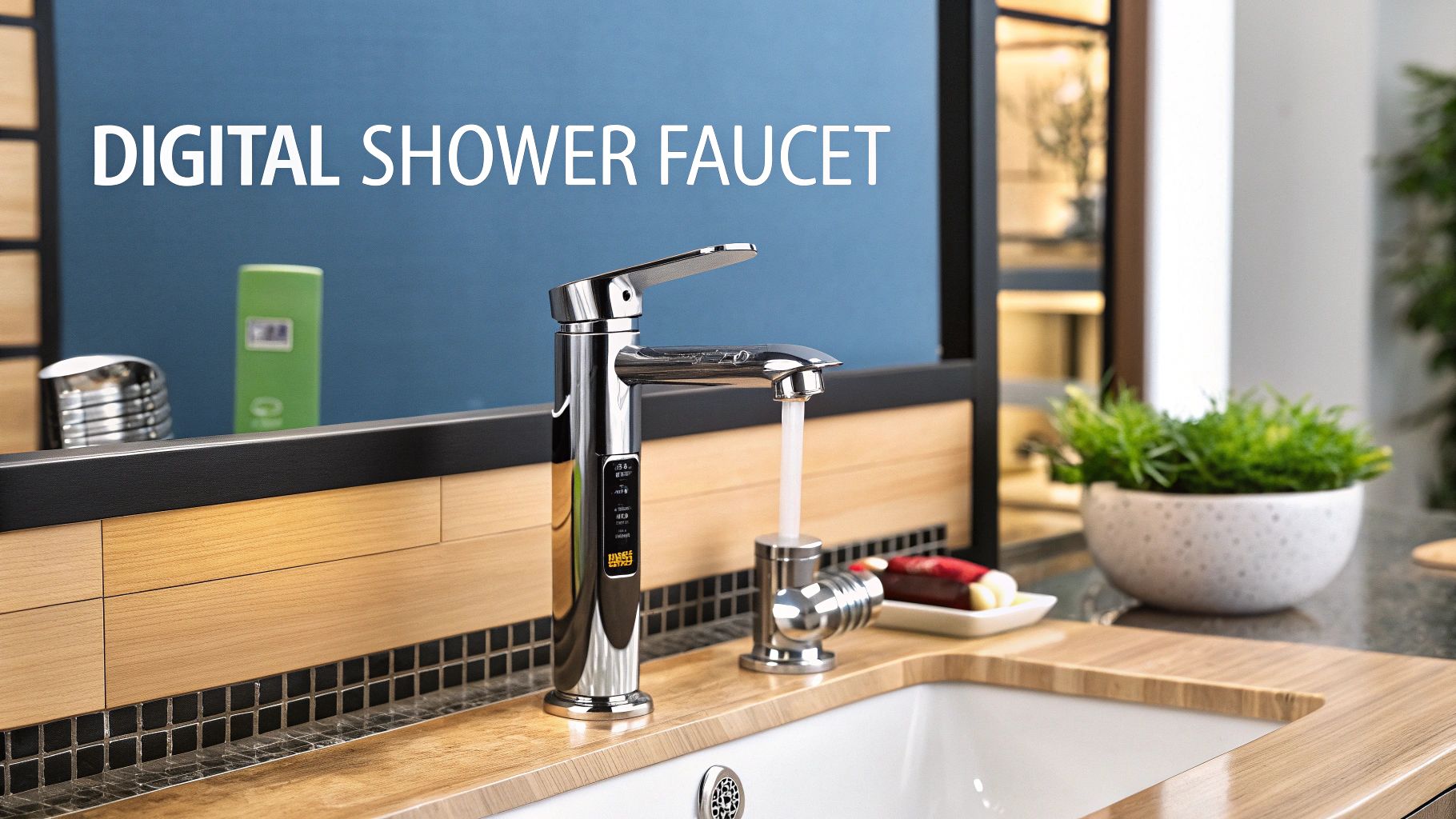 A person's hand adjusting a modern, sleek shower faucet.