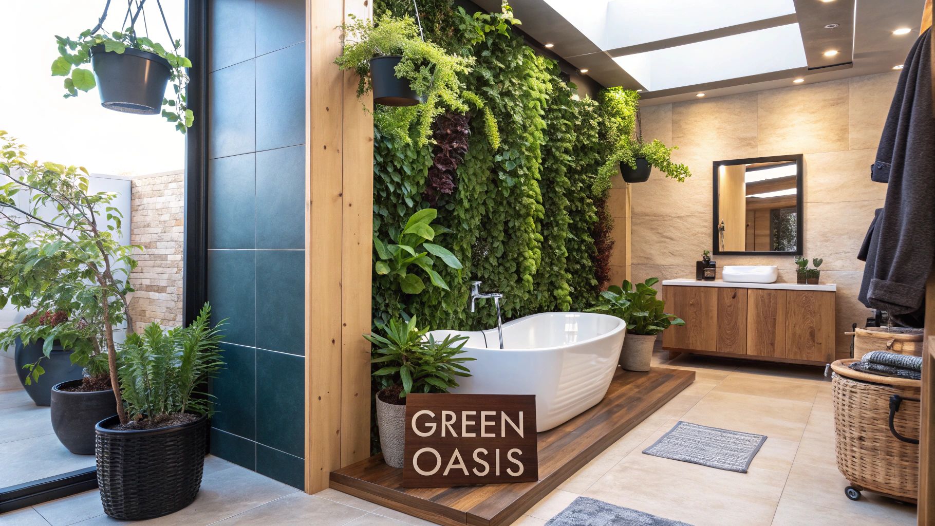 A bathroom with large windows showing lush greenery outside, with several indoor plants enhancing the spa-like feel.