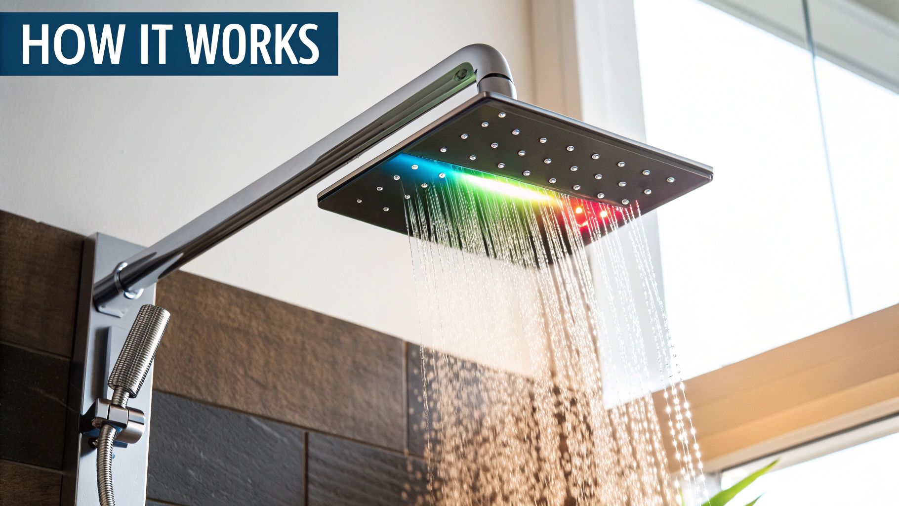An athlete in a modern bathroom using a chromotherapy shower to aid muscle recovery after a workout.